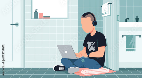 Focused individual in headphones works on a laptop from a serene bathroom setting, illustrating remote work flexibility and concentration.