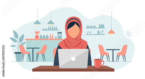 Muslim woman working remotely on laptop in a cozy cafe, enjoying a hot drink. Represents modern work, online business, and digital lifestyle.