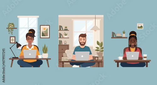 Diverse people working remotely on laptops from their comfortable home offices, illustrating flexible modern lifestyles and digital productivity.