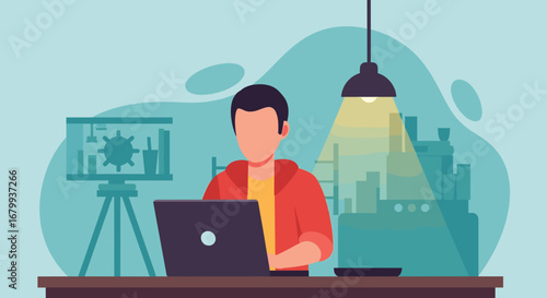 A person focused on working with a laptop at a desk, illuminated by a lamp, symbolizing productivity, remote work, and digital innovation.