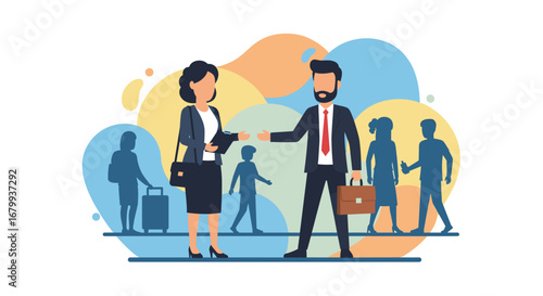 Business professionals meet and interact in a dynamic global environment, symbolizing networking, career growth, and corporate travel opportunities.