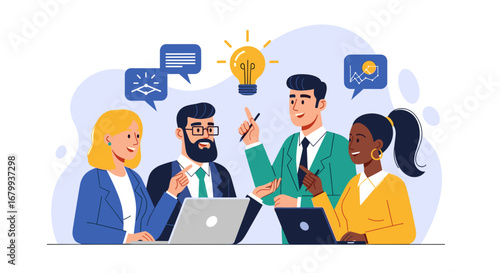 Diverse business team collaborates, sharing ideas and strategizing. Highlights teamwork, brainstorming, innovation, and discussion for corporate success.