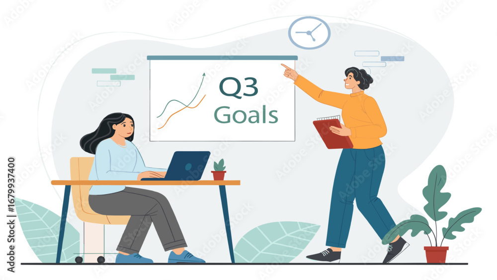 Professional businesswomen collaborate on Q3 goals, strategizing for growth and success, with one presenting on a whiteboard and the other working on a laptop. Professional businesswomen collaborate on Q3 goals, strategizing for growth and success, with one presenting on a whiteboard and the other working on a laptop.