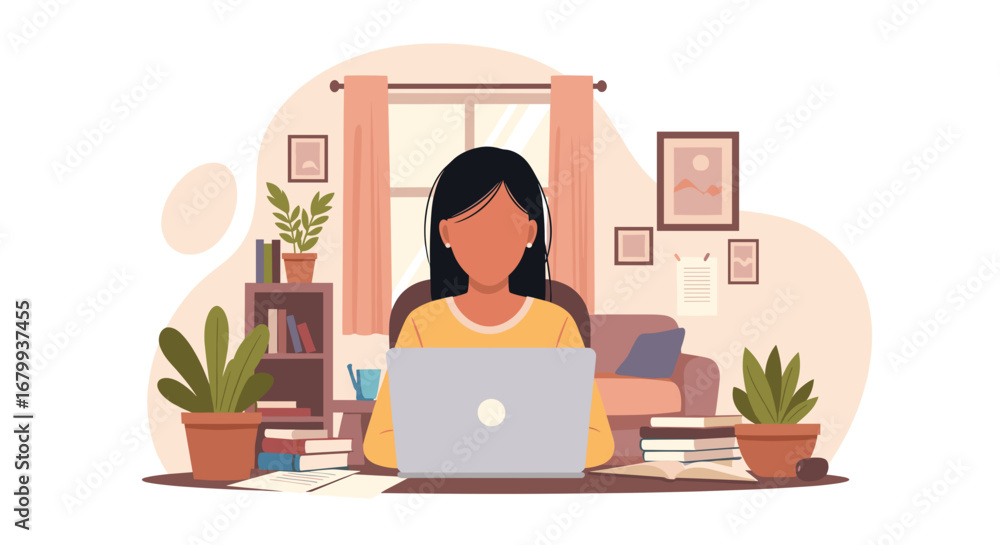 Fototapeta premium Young woman focused on her laptop, working from a comfortable home office setup with plants and books. Ideal for remote work, online learning, or independent business concepts.