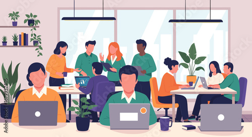 Diverse professionals collaborate and work diligently in a vibrant, modern office environment. Ideal for showcasing teamwork, productivity, and contemporary business lifestyle.
