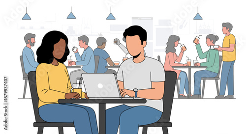 Diverse people enjoying a modern cafe. A man works on a laptop, while others socialize, illustrating work-life balance and urban leisure.
