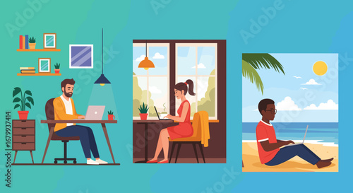 People working remotely in diverse settings: home office, cafe, and beach, illustrating flexible modern work-life balance and digital nomad lifestyle.