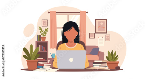 Young woman focused on her laptop, working from a comfortable home office setup with plants and books. Ideal for remote work, online learning, or independent business concepts.
