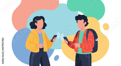 Illustration of two people wirelessly connecting smartphones, symbolizing digital communication, data sharing, and network connectivity. Modern lifestyle concept.