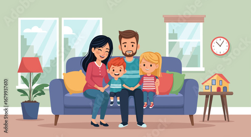 Happy family of four (parents, son, daughter) smiling on a sofa in their cozy living room. Perfect for family life, home, and real estate concepts.