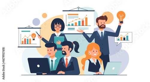 Modern business professionals collaborating, analyzing charts and generating ideas. Perfect for themes of teamwork, innovation, strategy, and growth.