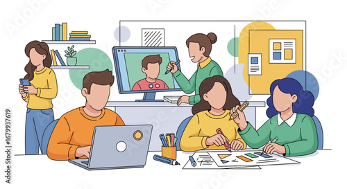 Diverse team collaborating creatively in a modern office, using technology and design tools. Illustrates teamwork, innovation, and hybrid work environments for business and education.