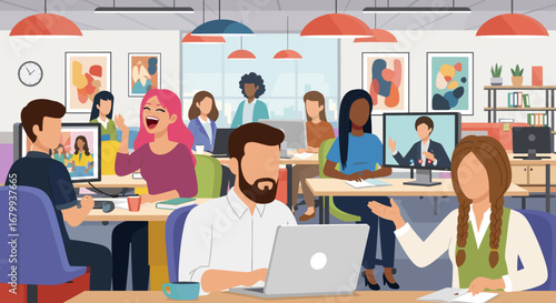 Diverse business team actively collaborates in a vibrant, modern office environment, showcasing teamwork, productivity, and positive corporate culture.