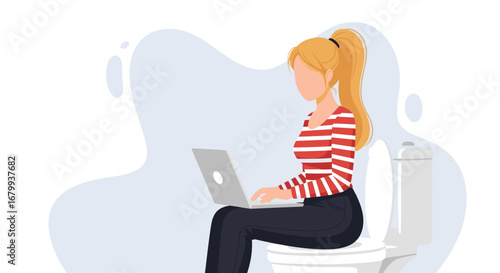 Woman working on a laptop while sitting on a toilet, illustrating remote work flexibility, multitasking, and the challenges of balancing personal and professional life. Modern work lifestyle.