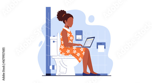 A woman works on her laptop while sitting on the toilet, depicting remote work flexibility, multitasking, and the blurring lines of work-life balance.