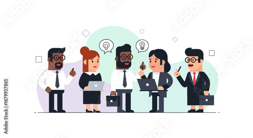 Diverse business team collaborating and brainstorming new ideas, fostering innovation and teamwork in a professional setting. Ideal for corporate and startup concepts.