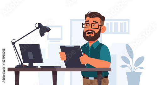 Surprised businessman with a beard and glasses reacts to unexpected news or a challenging problem while reviewing documents at his office desk. Ideal for business concepts.