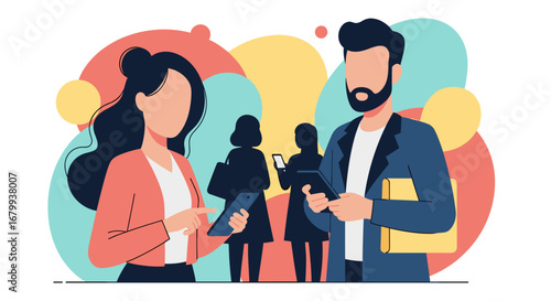 Modern illustration of diverse people engaging with mobile technology, symbolizing digital communication, business networking, and online connectivity in a vibrant, abstract setting.