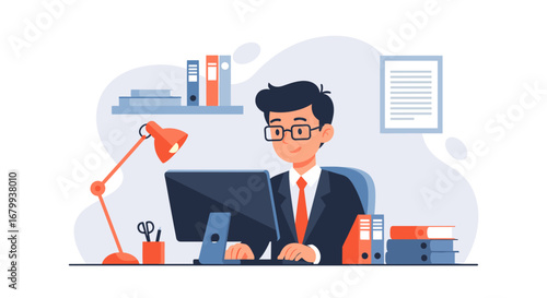 Smiling businessman illustration working diligently on a computer at his organized office desk. Represents productivity, professional success, and efficient corporate work.