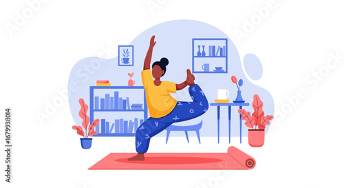 Woman practicing yoga at home, balancing in a dancer pose. Ideal for health, wellness, and mindful lifestyle content.