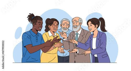 Diverse group of business people from various generations and backgrounds smiling and gesturing while collaborating and discussing ideas.