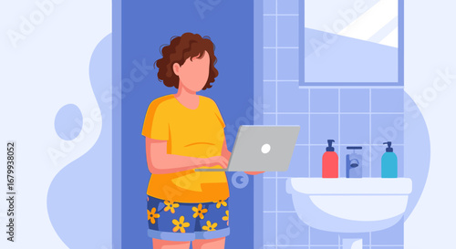 Woman working on laptop in a bathroom, symbolizing flexible remote work, modern lifestyle, and productivity from home.