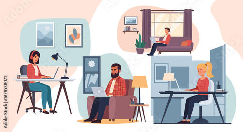 People working from home or remotely, illustrating modern flexible work arrangements, online education, or freelancing. Concept of productivity and comfortable workspace.
