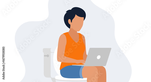 Woman multitasking, working remotely on a laptop while sitting on a toilet, depicting modern lifestyle, privacy, and productivity.