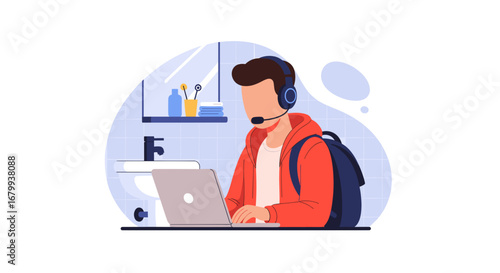 Dedicated young person with headset and laptop, engaged in online learning, remote work, or virtual customer service from a home setting.