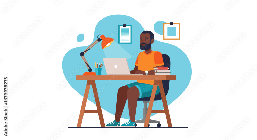 Fototapeta premium African American man comfortably working from home on his laptop, showcasing remote work, online learning, or freelance productivity. Ideal for business and lifestyle.