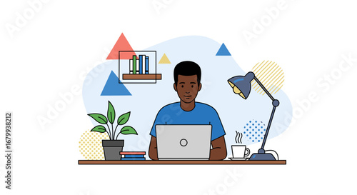 Focused man works remotely on his laptop at a modern home office desk, surrounded by books and a plant. Ideal for business, education, or freelance concepts.