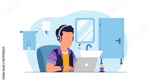 Person working remotely on a laptop in a bathroom, wearing headphones. Illustrates challenges of finding focus and privacy in modern home workspaces.