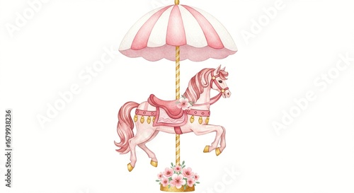 Watercolor carousel horse and umbrella, detailed in pink and white stripes. Perfect for baby showers, nursery decor, and invitations.