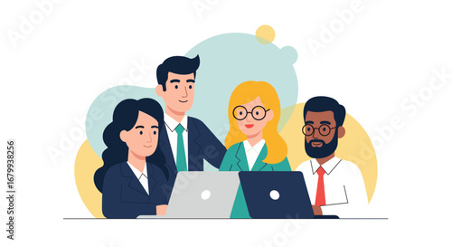 Diverse business team collaborates enthusiastically on laptops, representing teamwork, productivity, and innovation in a modern office environment.