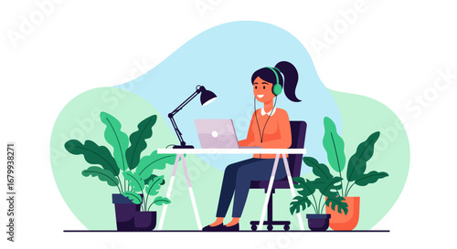 Young woman happily working from home on a laptop with headphones, surrounded by plants. Ideal for concepts of remote work, productivity, and a comfortable lifestyle.