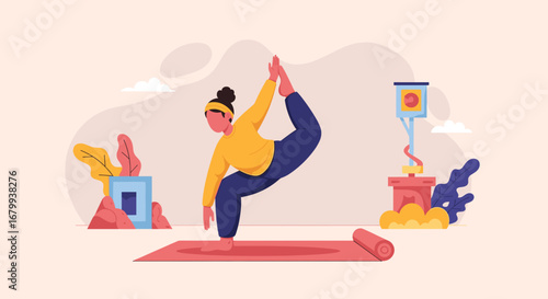 Woman practicing a graceful yoga pose on a mat, demonstrating balance and flexibility. Concept of fitness, wellness, and healthy lifestyle.
