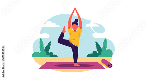 Woman practicing yoga outdoors, achieving balance and peace on a mat. Perfect for wellness, health, and mindful lifestyle content.