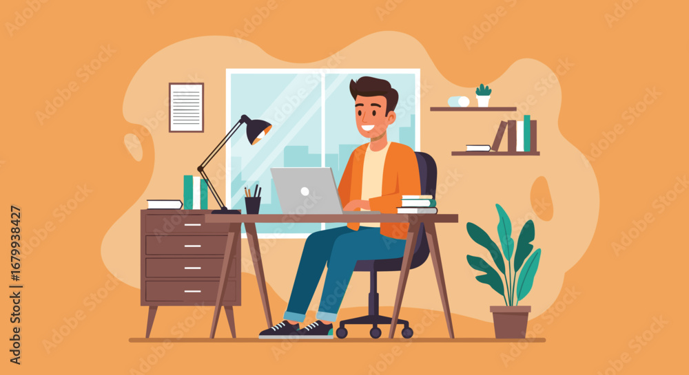 Fototapeta premium Happy young man working on laptop at home office desk. Illustrates remote work, online learning, productivity, and modern lifestyle. Ideal for business and education concepts.