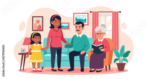 A joyful multi-generational family, including a child, parents, and grandparent, shares a moment of togetherness at home, emphasizing family bonds and love.