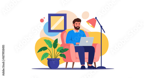Bearded man comfortably working on a laptop in a cozy home office setup, illustrating remote work, freelancing, or digital business concepts.