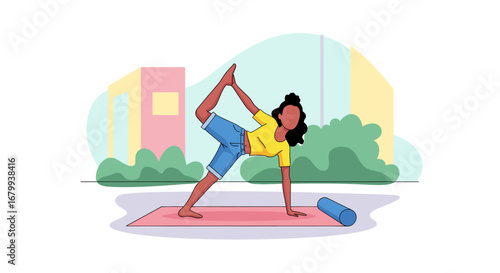 Woman practicing a graceful yoga pose outdoors on a mat, with a foam roller nearby. Ideal for wellness, fitness, and healthy lifestyle content.