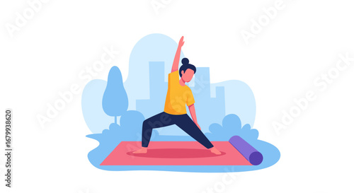 A woman practices yoga outdoors, performing an Extended Side Angle pose on a mat. Illustrates healthy lifestyle, fitness, and mindfulness for wellness and balance.