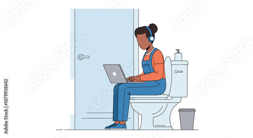 Illustration of a person with headphones working on a laptop while seated on a toilet. Depicts remote work, multitasking, and the challenges of work-life balance.
