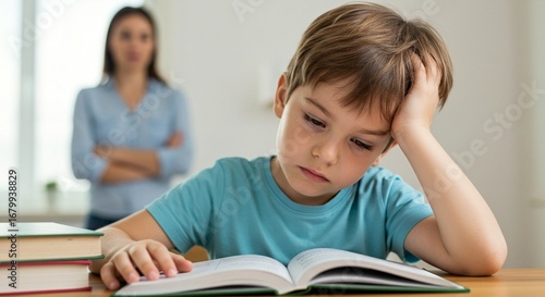Frustrated boy doing homework with a mother watching over him in the background. He looks stressed and overwhelmed while studying.