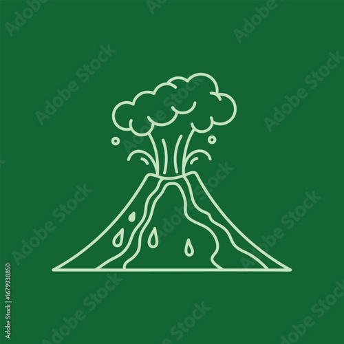 Illustration of an erupting volcano with smoke and lava, set against a green background, symbolizing natural disasters