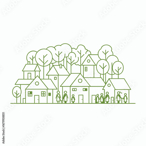 Illustration of a quaint village scene with stylized houses and trees, depicting community life in a serene setting