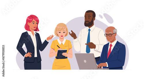 Diverse business team collaborating and discussing strategy in a professional meeting. Ideal for concepts of teamwork, partnership, and corporate success.