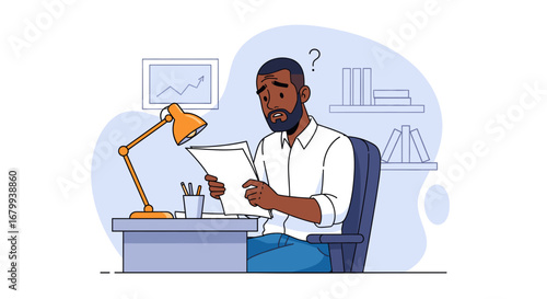 Confused businessman analyzing documents at his office desk, grappling with complex data or challenging financial decisions. Ideal for business challenges and problem-solving concepts.