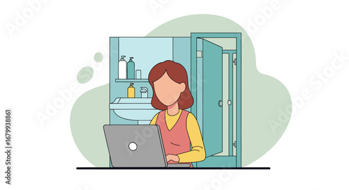 Woman uses a laptop in a bathroom, illustrating remote work challenges, the search for focus, or the need for a quiet space at home.