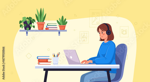 Smiling woman in headphones working remotely on her laptop at a home office desk, ideal for online learning, telecommuting, and flexible work concepts.